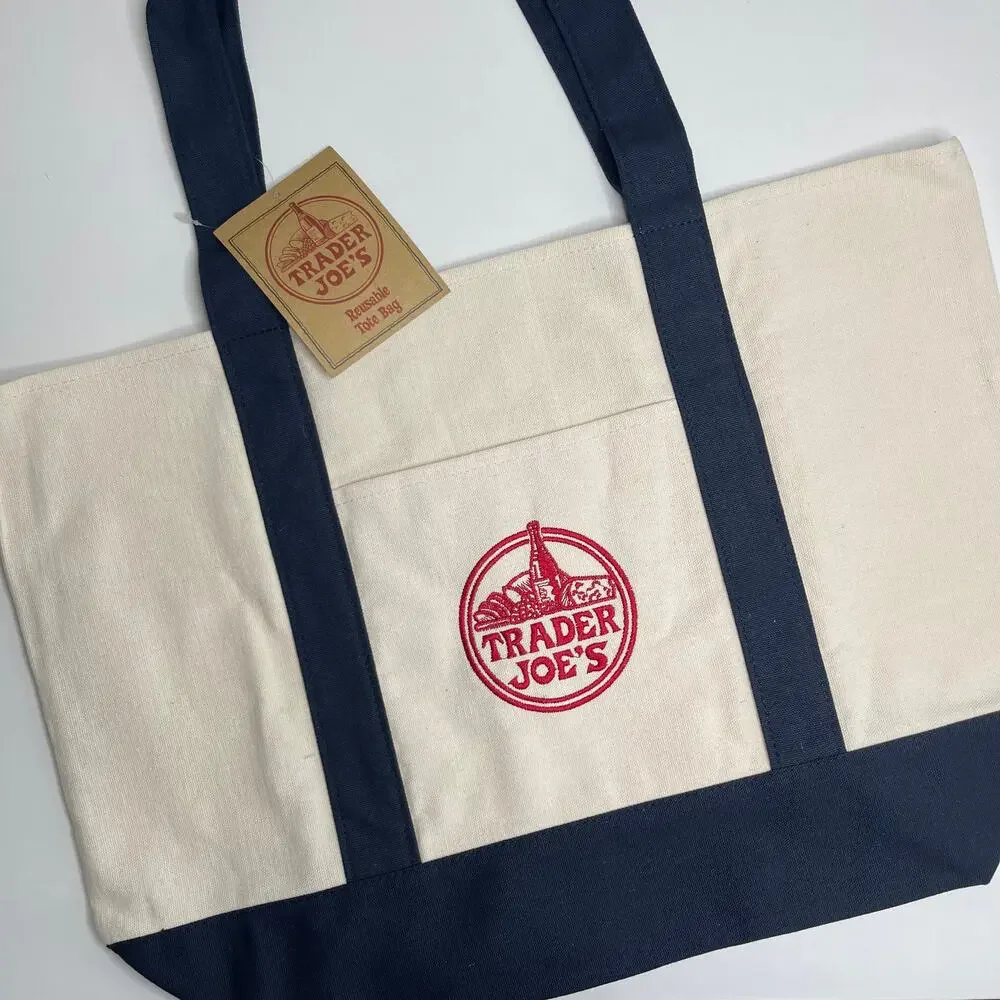 Set of 4! — Trader Joe’s Canvas Tote Bags — Large Size NAVY BLUE + Mini PASTELS!